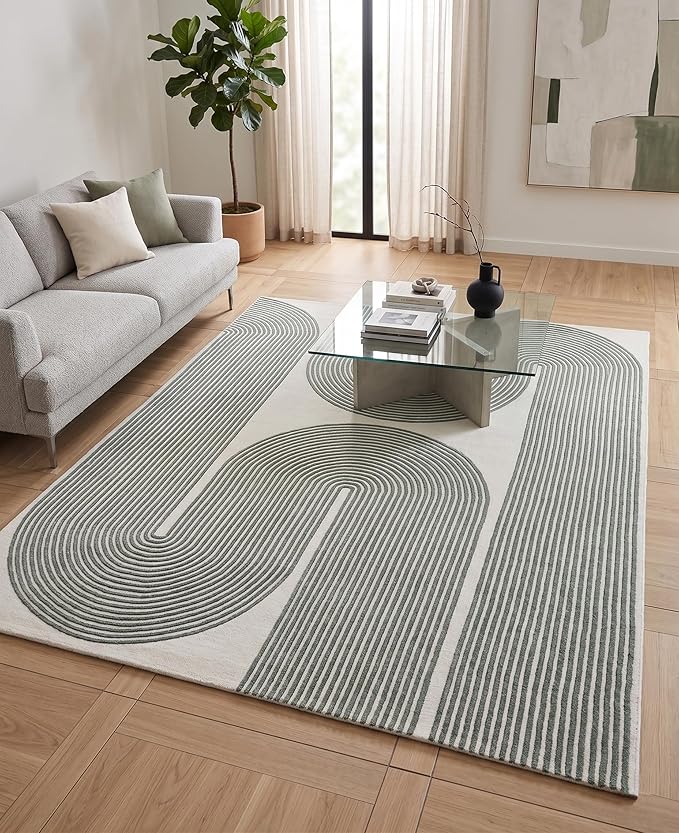 Modern Handmade Wool Area Rug, Abstract Curved Line Geometric Indoor Carpet for Living Room Bedroom, Contemporary Tufted Rug with Soft Pile and Cotton Backing (Sage Green, 6' x 8')