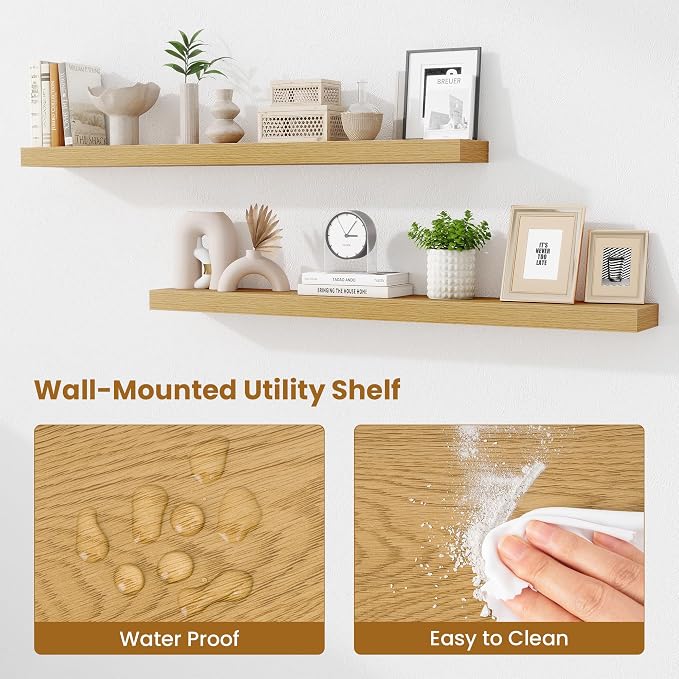 Fun Memories Floating Shelves 48 Inch, Extra Large Wood Shelf Set of 2, Hanging Wall Shelves for Bathroom, Living Room, Kitchen, Bedroom, Oak