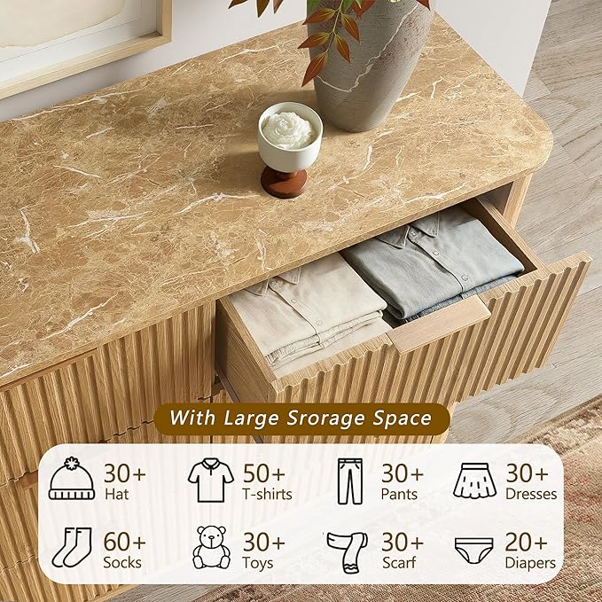 win2win 9 Drawer Dresser, Mid Century Modern Dresser with Storage, 55" Wide Fluted Chest of Drawers with Faux Marble Top, Dressers TV Stand, Drawers Organizer for Bedroom, Living Room, Hallway, Oak