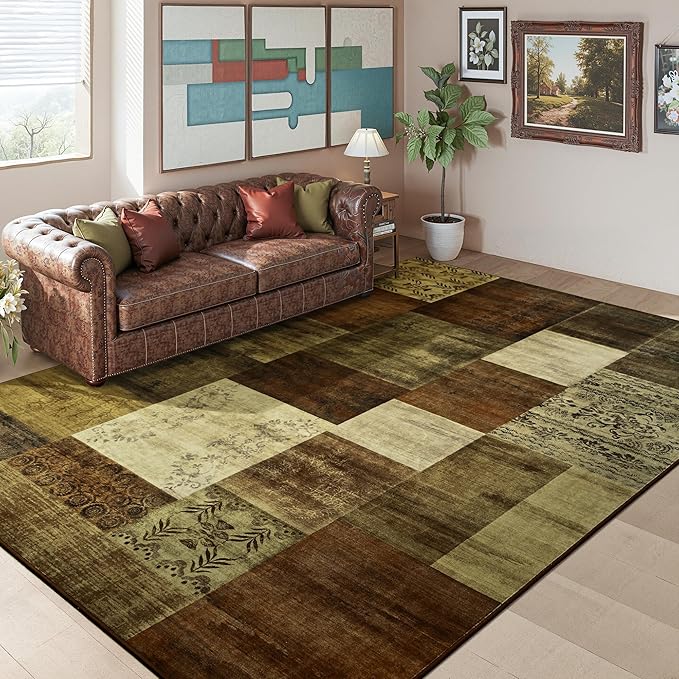 Tepook Modern Area Rugs for Living Room, 9x12 Washable Large Rug for Bedroom, Geometric Patchwork Rugs Indoor Non-Slip Throw Carpets for Dining Room Office Farmhouse Home Decor, Brown