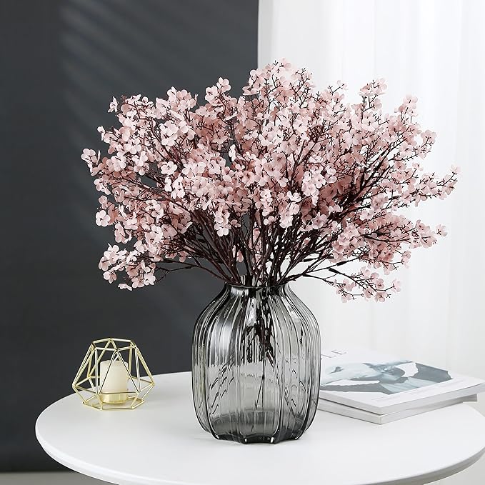 JAKY-Global Babys Breath Silk Artificial Flowers Bulk with Vase 10pcs Fall Decor Fake Flower Bouquet Bulk for Home Indoor Floral Arrangement Table Centerpieces Party Decor(Autumn Pink with Vase)