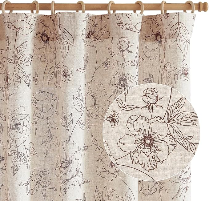 jinchan Floral Linen Curtains for Living Room 63 Inch Length Brown Flower Curtain Rod Pocket Back Tab Farmhouse Curtains with Printed Floral Bedroom Window Curtain Set, 2 Panels Brown