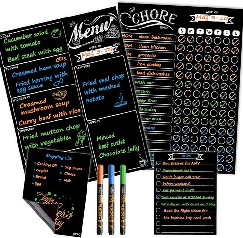 JJPRO Magnetic Chalkboard Reward Chore Chart | Weekly Meal Planner with Bonus Grocery List & Notepad