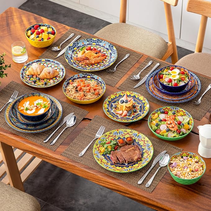 vancasso 16 Pieces Plates and Bowls Set, Bohemian Style Dinnerware Sets Service for 4, Porcelain Boho Dishes Set for Kitchen, Housewaring Gift, Dishwasher and Microwave Safe, Series KRVI