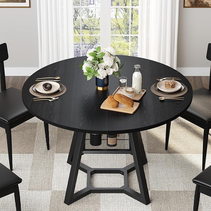 knoworld 47" Round Dining Table for 4, Kitchen Tables Dining Room Circle Dinner Table with Pedestal Metal Frame, Space Saving Wood Industrial Kitchen & Dining Room Tables, Black 47In