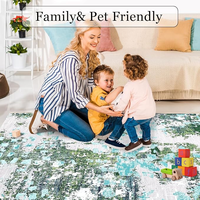 GAOMON 9x12 Washable Boho Chic Abstract Watercolor Design Area Rug Low Pile Thin Living Room Rug Non Slip Soft Bedroom Rug Abstract Accent Carpet for Dining Room Nursery, Green/Turquoise