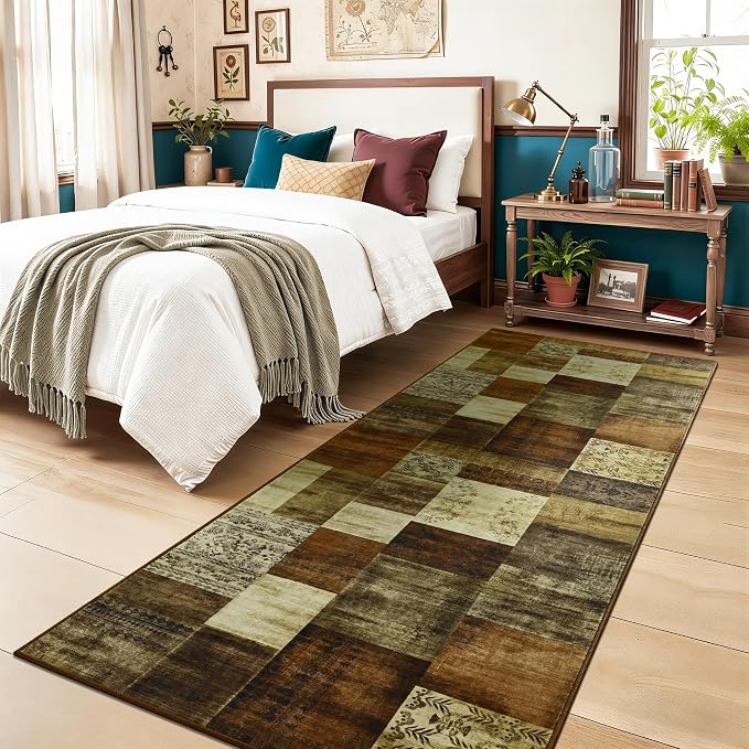 Tepook Modern Runner Rug for Living Room, 2x6 Washable Rugs for Bedroom Hallway, Geometric Patchwork Runner Rug Non-Slip Indoor Throw Carpet for Entryway Kitchen Office Home Decor, Brown