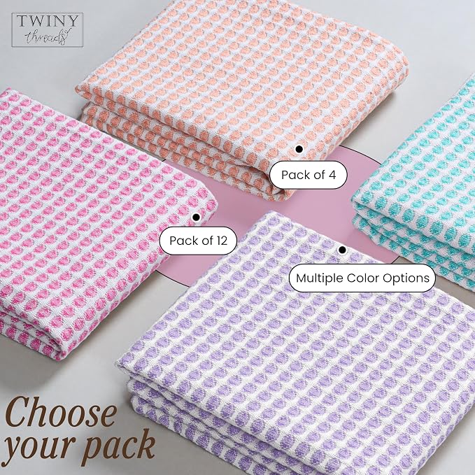 TWINY threads Circle Waffle Dish Towels 4 Pack, 16x26 Inches, 100% Cotton, Premium, Breathable, Quick Dry, Multi Purpose Kitchen Cloths, Suitable for Everyday Use, Housewarming Gifts, Assorted