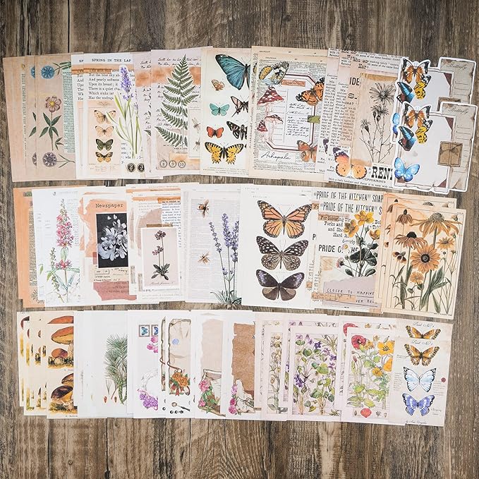 Knaid Vintage Scrapbook Supplies Pack (200 Pieces) for Junk Journal Bullet Journals Planners Botanical Paper Stickers Craft Kits Aesthetic Cottagecore Collage Album (Nature)