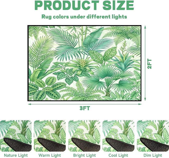 Tropical Leaves Area Rug 2'x3' Green Botanical Palm Fern Leaf Rug Non Slip Washable Indoor Floor Mat for Entryway Bedroom Living Room Nursery Kitchen Playroom Home Decor