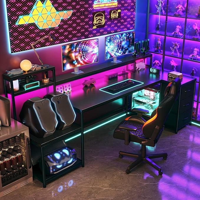 71" L Shaped Gaming Desk with 3 Drawers & Hutch, Computer Desk with Monitor Stand & Power Outlet, Home Office Desk Reversible Black Desk with LED Light,Printer Shelf,Storage Shelves,Black Carbon Fiber