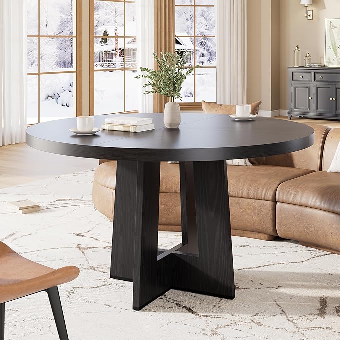 Garvee 47" Round Dining Table for 4-6 People - Circle Kitchen Dinner Table with Sturdy Pedestal Base, Space Saving Dinning Room Furniture for Living Room, Kitchen, Apartment, Black