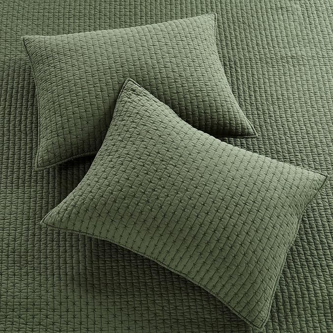Levtex Home Cross Stitch Reversible King/Cal King Quilt Set (106x92in) and 2 Pillow Shams (36x20in) - Stitch Texture - Forest Green - Cotton King Size Quilt Bedding Set - Lightweight Soft Pre-Washed