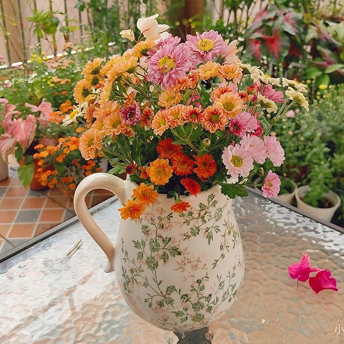 Ceramic Green and White Floral Vase with Handle, Rustic Farmhouse Pitcher Flower Vase, Chinoiserie Floral Vase for Home Decor, Living Room, Shelf, Office, Rustic Table Centerpiece 8 Inch