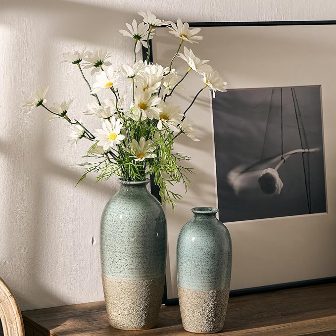 Ceramic Vases for Home Decor, Elegant Blue and Brown Ceramic Vase Set of 2, Vintage Minimalist Decorative Vase for Table Centerpiece Dining Living Room Office Nightstand Fireplace Decoration