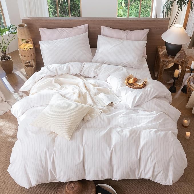 MooMee Striped Duvet Cover Set 100% Washed Cotton Linen Like Textured Breathable Durable Soft Comfy (White Heathered Greyish Pink Wide Stripes, Twin 68"x90")