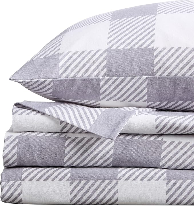 Market & Place 100% Turkish Cotton Flannel Sheet Set | 4 Piece Deep Pocket Novelty Cozy Winter Bed Sheets | Double Brushed for Extra Softness & Comfort | King, Buffalo Check Grey