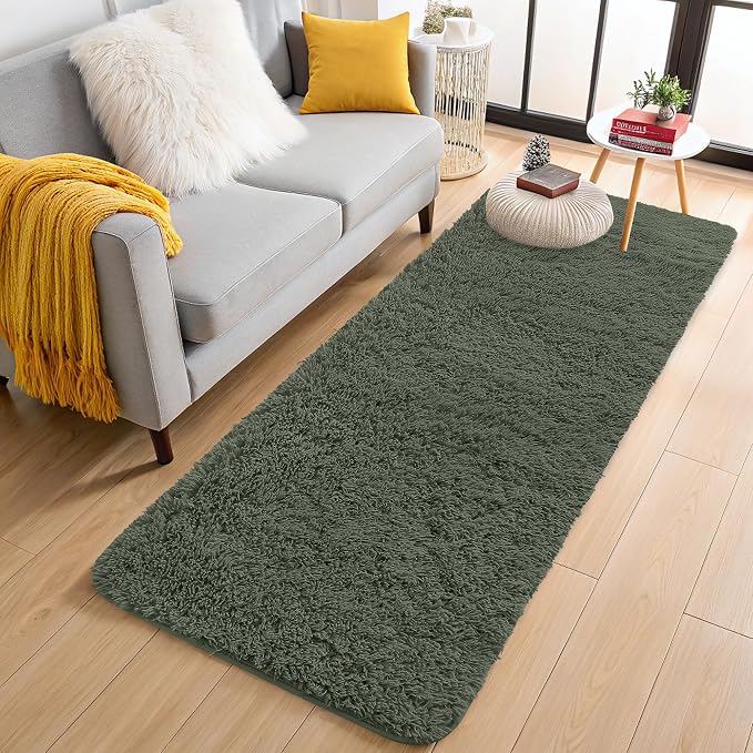 OLANLY 2x4 Machine Washable Runner Rugs for Hallway, Soft Fluffy Shaggy Bedside Rugs for Bedroom, Living Room, Indoor Floor Carpet for Kids Girls and Boys, Home Decor Aesthetic, Olive Green