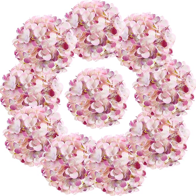 Silk Hydrangea Heads with Stems Artificial Flowers Heads for Home Wedding Decor,Pack of 10 (Light Purple)