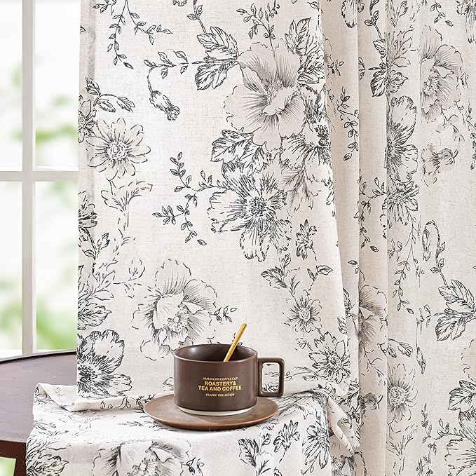 jinchan Linen Blend Curtain Floral Curtains for Living Room 96 Inch Length Black Printed Curtain Back Tab Farmhouse Peony Flower Patterned Drapes Bedroom Window Curtains Set 2 Panels