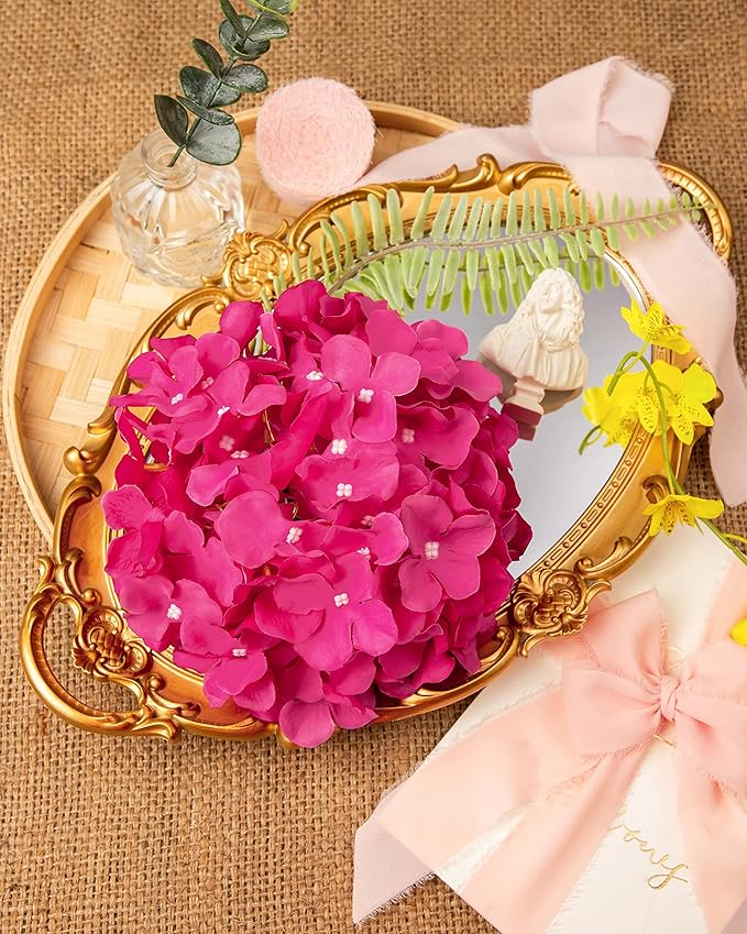 DuHouse 8.7" Silk Hydrangea Flower Heads with Stems Fake Hydrangeas Flowers for DIY Wedding Centerpiece Home Decor,Pack of 6(Fuchsia)