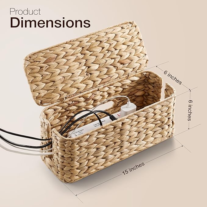 Tidita Wicker Cable Management Box with Lid - 15 inch Cable Organizer Box and Power Strip Box for Electrical Cord Management - Desk Cord Hider and Floor Cable Management for Office (Natural Color, 1)