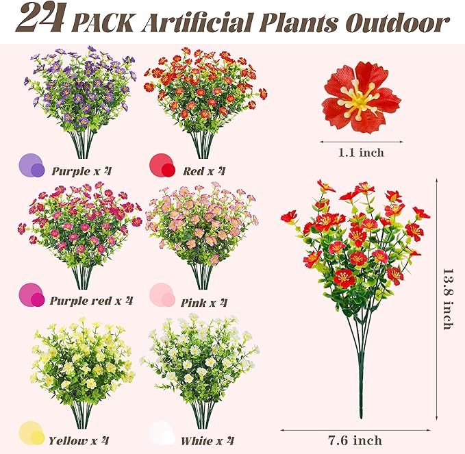 Der Rose 24 Bundles Artificial Flowers for Outdoor Fake Flowers Plants for Home Garden Porch Farmhouse Decor