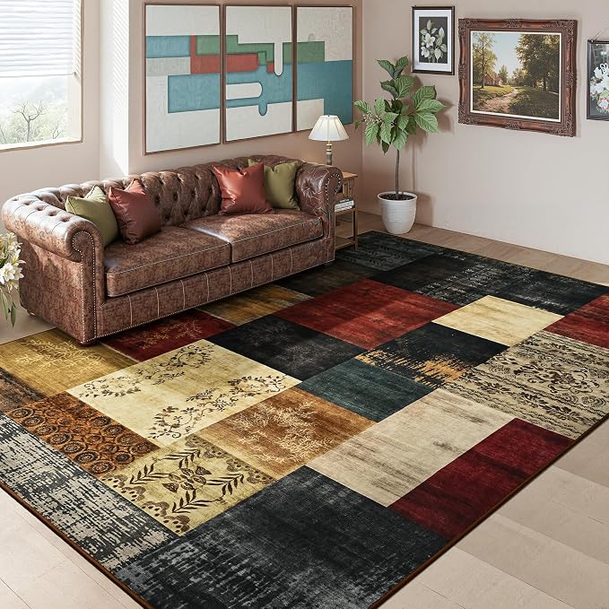 Tepook Modern Area Rug for Living Room, 8x10 Geometric Large Rugs for Bedroom, Washable Patchwork Rug Indoor Non-Slip Throw Carpets for Dining Room Office Farmhouse Home Decor, Multi