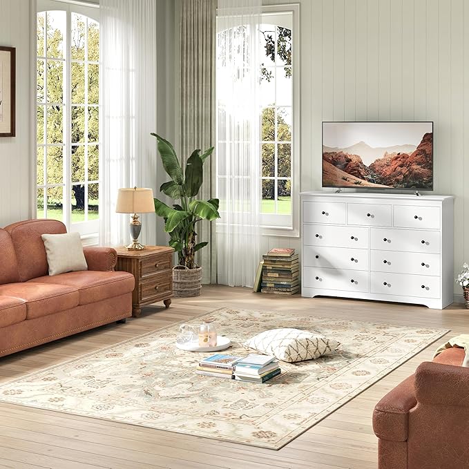 White Dresser for Bedroom，55" Wide 9 Drawers Dressers,Modern Wooden Chest for Living Room, Hallway