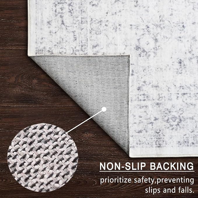 8x10 Area Rugs for Living Room, Non-Slip Backing Washable Rug 8x10, Grey Large Area Rug Soft Carpet for Bedroom Dining Room, Vintage Floral, Easy Clean, Durable, Low Pile Rug Under Table