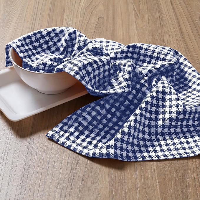 4 Pack Gingham Check Kitchen Dish Towels 16x26 Inches, Absorbent & Durable, Washable, Hand Tea Towels with Hanging Loop - Ideal for Restaurants & Home Kitchens, Blue White