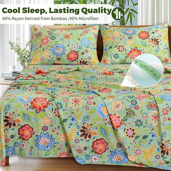 Bedlifes California King Floral 4-Piece Sheet Set - Cooling Sheets Blend Rayon Derived from Bamboo,Soft & Breathable, Deep Pocket 16", Wrinkle Resistant - Vibrant Boho Floral Sage Green