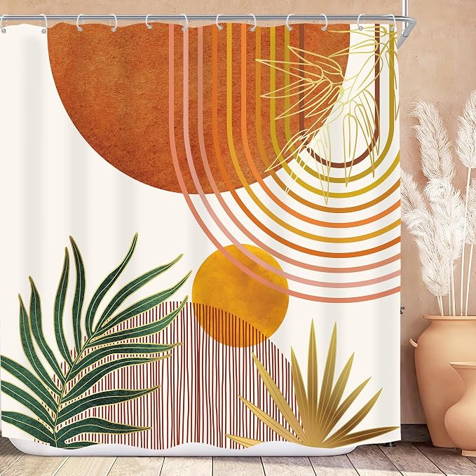 KOMLLEX Mid Century Orange Boho Shower Curtain 72Wx72L Inches Abstract Modern Shower Curtains for Bathroom Decor Plant Botanical Minimalist Arch Sun Fabric Liner Waterproof Polyester 12 Pack Hooks