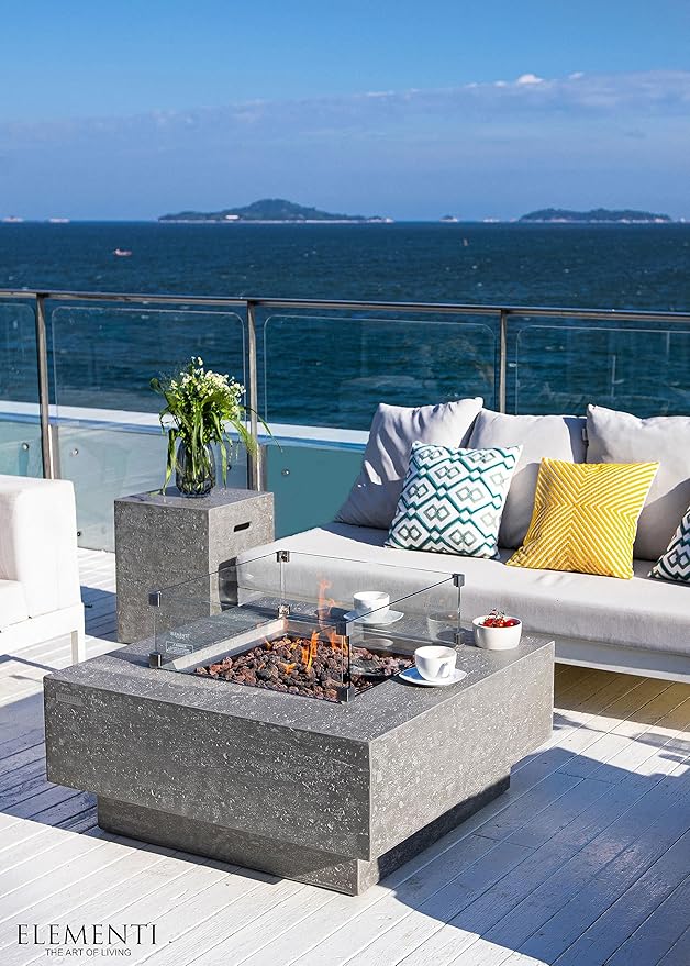 Elementi | Bundle Manhattan Gas Fire Pit Cast Concrete 36" Square Fire Table, Outdoor Fire Pit Electronic Ignition | Canvas Cover, Lava Rock Included | Light Gray (Natural Gas)