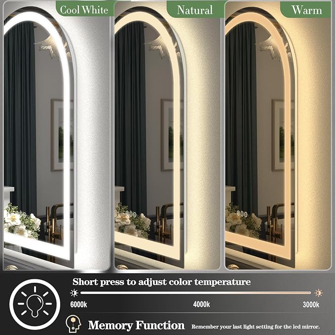 Arched LED Bathroom Mirror 32x42 Inch, Dimmable Backlit Bathroom Mirror, LED Lighted Vanity Mirror, Anti-Fog, 3 Colors, Memory, Shatter-Proof, ETL Listed