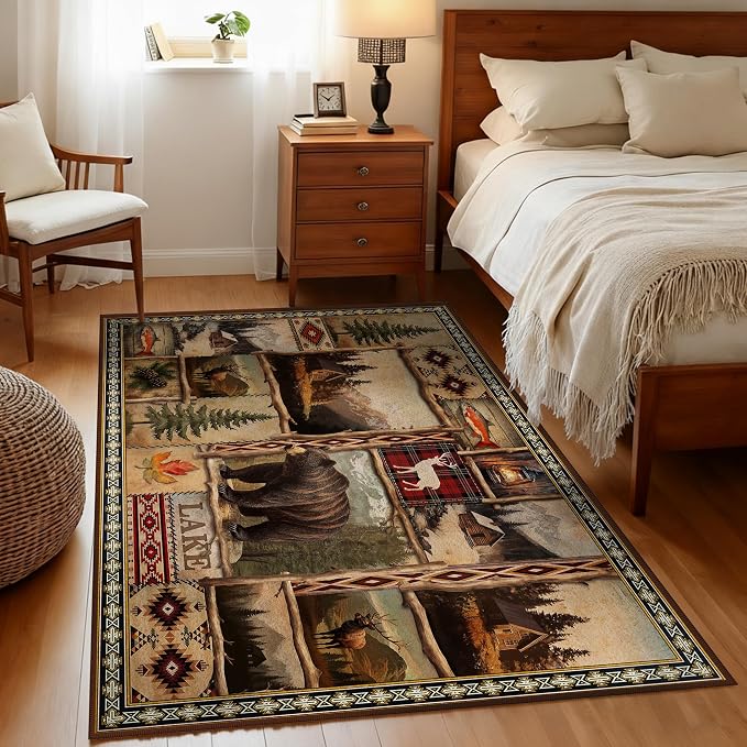 Rustic Lodge Bear Moose Deer Rugs for Entryway 3x5, Farmhouse Cabin Door Mats Indoor Entrance for Entryway Bedroom Dining Room, Non-Slip Machine Washable Indoor Entry Rug Doormat Carpet