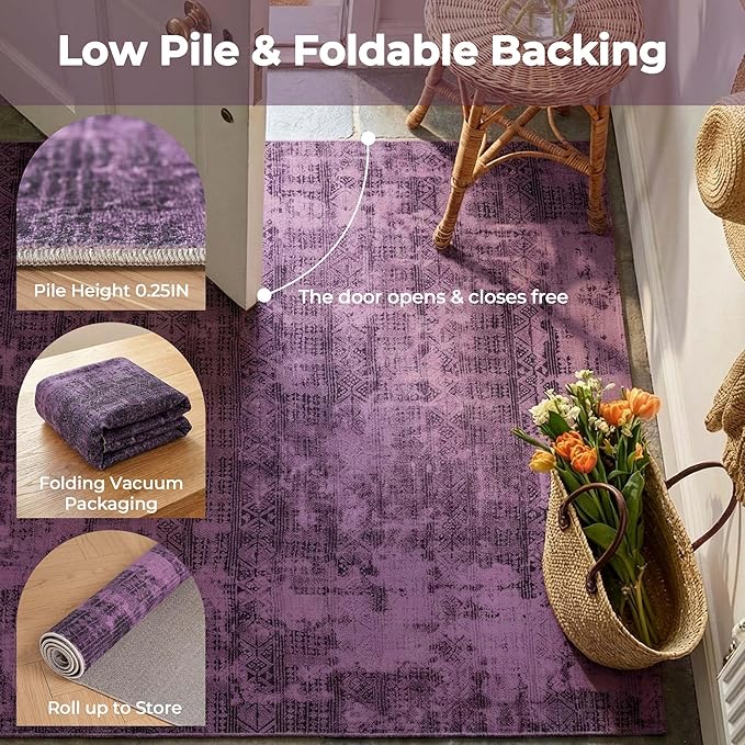 Kokia Abstract Area Rugs Living Room Washable Low Pile 6x9 Non-Slip Indoor Decor Purple Carpet Foldable Stain Resistant Ombre Rugs Bedroom Dining Room, Oslo Plum