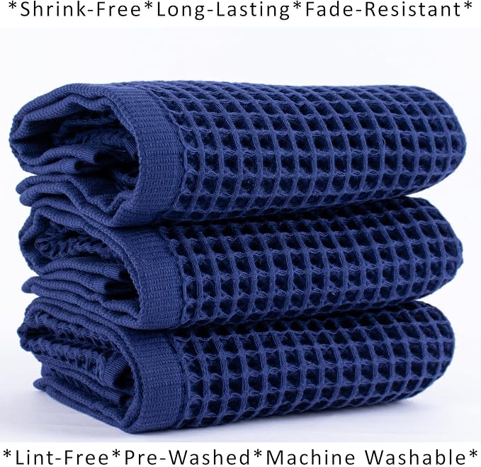 PÜSKÜL Natural 100% Turkish Cotton Waffle Kitchen Towels Set of 3 | Oeko-Tex, Premium Waffle Hand Towels for Bathroom | Soft Absorbent Quick-Dry Lint-Free Dish Towel Large 32x16 inch (3, Navy Blue)