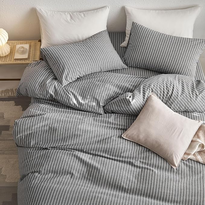 MooMee Striped Duvet Cover Set 100% Washed Cotton Linen Like Textured Breathable Durable Soft Comfy (Dark Grey White Wide Stripes, Oversized Queen 98"x98")