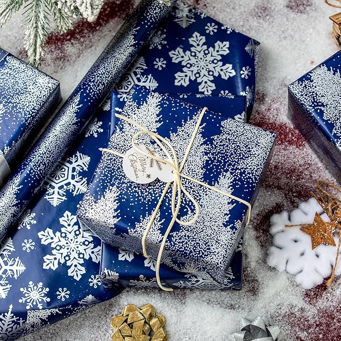 MAYPLUSS Blue Christmas Wrapping Paper Roll, Tree Wrapping Paper, Luxury Navy Blue Shiny Christmas Tree and Snowflakes Gift Wrap for Holiday Gift Packaging, Festive Decoration (17 Inch X 16.5 Feet)