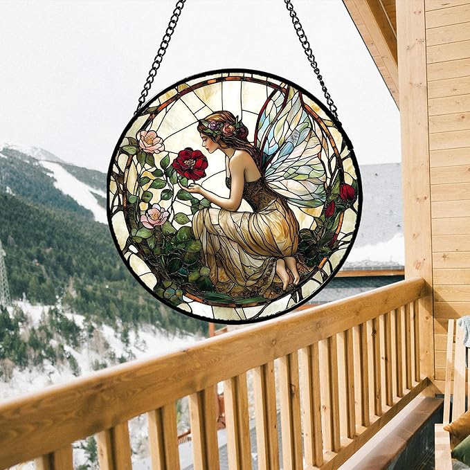 Stained Glass Window Hanging - Butterfly Flower Fairy Suncatcher for Door Terrace Garden Home Decor Yellow Green Plants Sun Catcher Birthday Gifts for Lovers Women Men Dad Mom Nana 15 in
