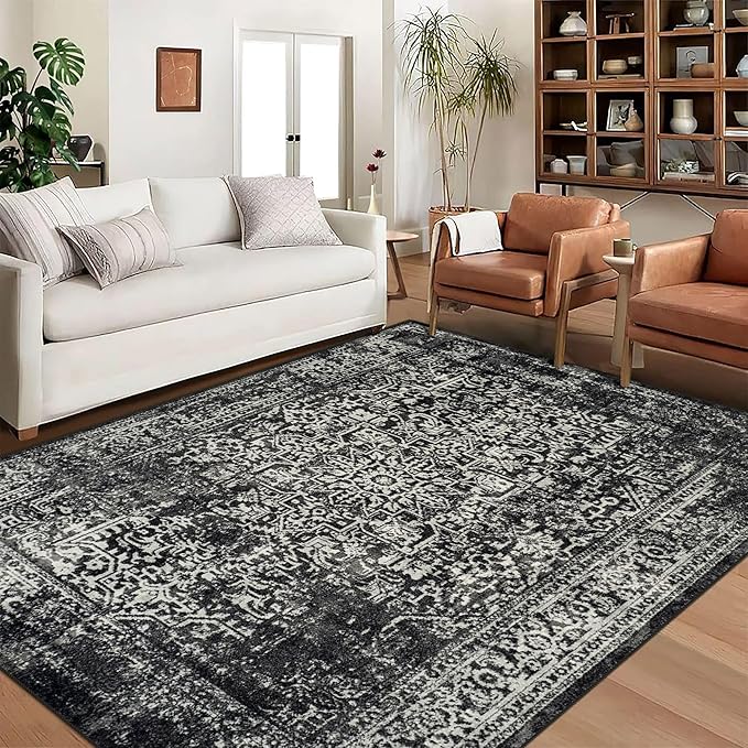 vivorug 9x12 Area Rugs, Stain Resistant Washable Rug for Living Room, Vintage-Inspired Black and White Rug