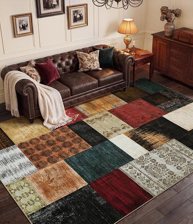 YIHOUSE Mid Century Modern Cowboy Area Rug 6x9 for Living Room,Retro Patchwork Rug Non Slip,Red and Brown Floral Farmhouse Rugs Washable, Geometric Boho Area Rug for Kitchen,Dining Room,Bedroom