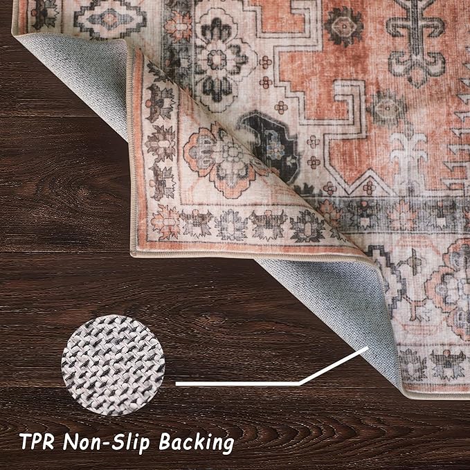 vivorug 9x12 Area Rugs for Living Room, Non Slip Machine Washable Vintage Rug, Ultra-Thin Lightweight Large Area Rug for Bedroom Nursery Dining Room, Low Pile Orange