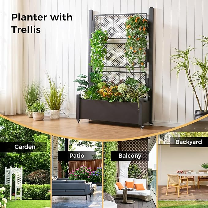 Metal Planter Box with Trellis and Wheels, 72"x46"x16" Large Outdoor Garden Planter for Climbing Plants, Vegetables & Vines, Includes Drainage Holes and Privacy Screen, Black