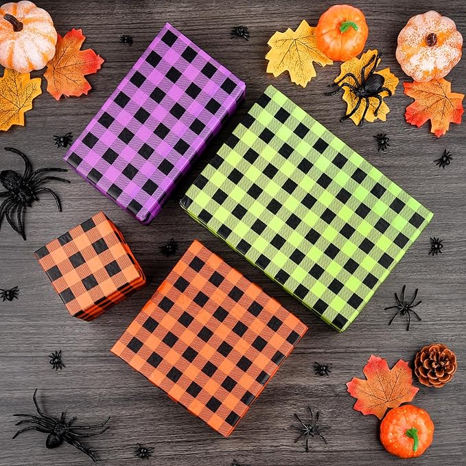 NEBURORA 120 Sheets Halloween Tissue Paper 14 x 20inch Orange Green Purple Buffalo Plaid Wrapping Paper for DIY Craft Gift Bags Halloween Party Supplies