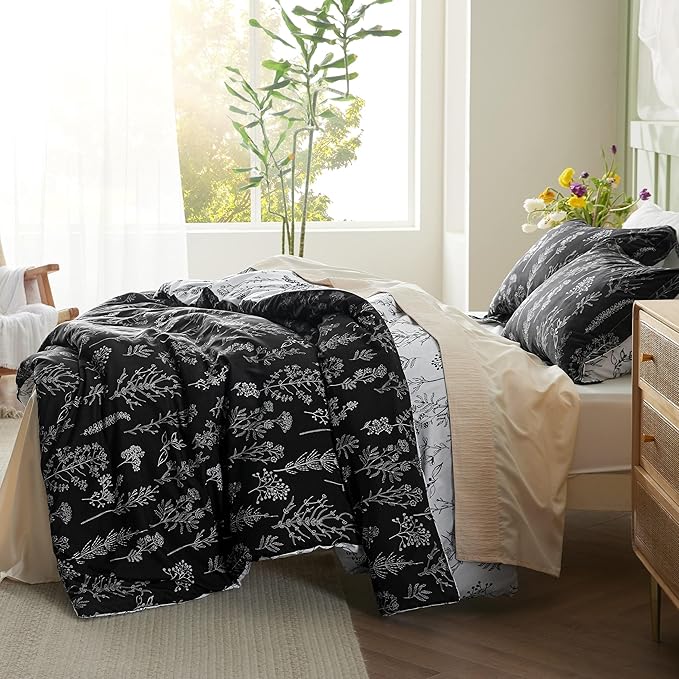 Bedsure Full Comforter Set - Black Bed Set, 3 Pieces Cute Floral Bedding, 1 Soft Reversible Botanical Flowers Comforter and 2 Pillow Shams