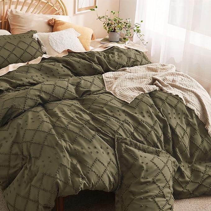 Bedsure Boho Duvet Cover King Size - Olive Green Breathable & Soft Boho Bedding, Machine Washable Comforter Cover for All Seasons, Includes 1 Duvet Cover 104"x90" with 2 Pillow Shams & Zipper Closure