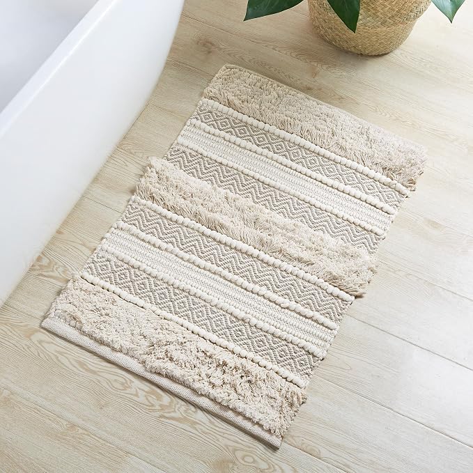 Ink+Ivy Bath Rug Hand-Woven Texture Shaggy Striped Soft & Water Absorbent, Boho Bathroom Décor Bath-Mats, Non-Slip Absorbent Quick Dry Mats for Tub, Shower Room, Asher, 20x32 Natural