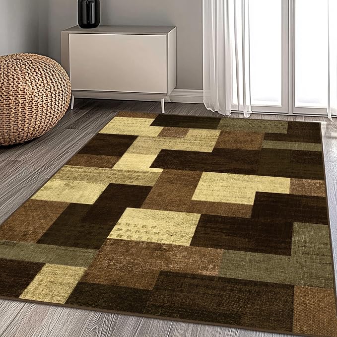 Modern Geometric Patchwork Indoor Area Rug for Living Room, Warm Taupe 4x6 Large Rug Rockwood Collection Hardwood Floors Decor for Bedroom, Taupe Throw Carpet for Office Entryway Dining Room